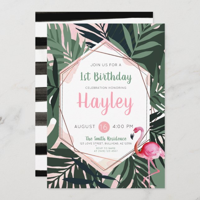 Tropical Flamingo Watercolor Birthday Invitation (Front/Back)