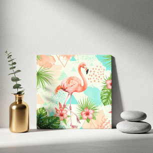 Tropical Flamingo Watercolor & Geometric Pattern Ceramic Tile