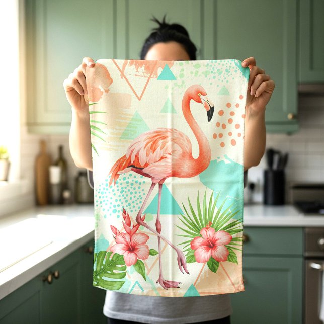 Tropical Flamingo Watercolor & Geometric Pattern Tea Towel (Creator Uploaded)