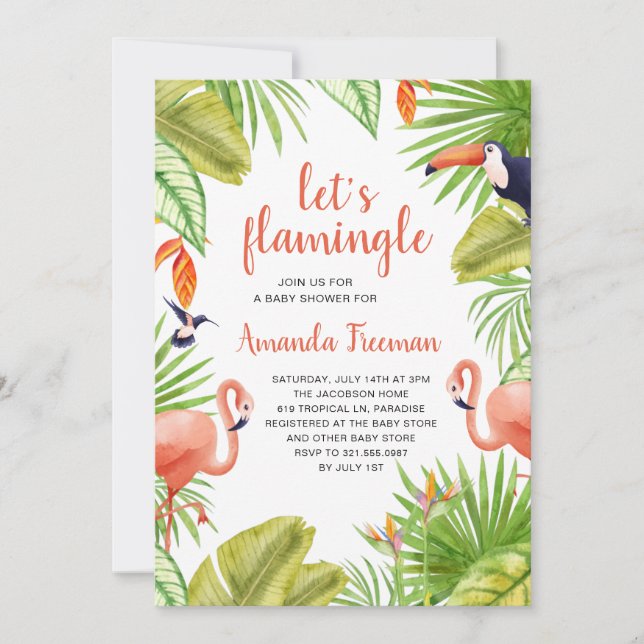 Tropical Flamingo Watercolor Girl Baby Shower Invitation (Front)