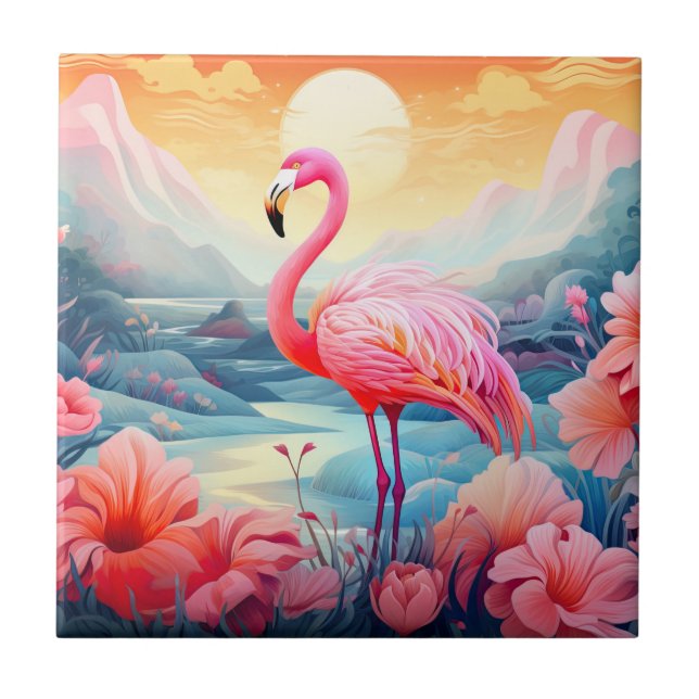 Tropical Flamingo with Flowers Ceramic Tile (Front)