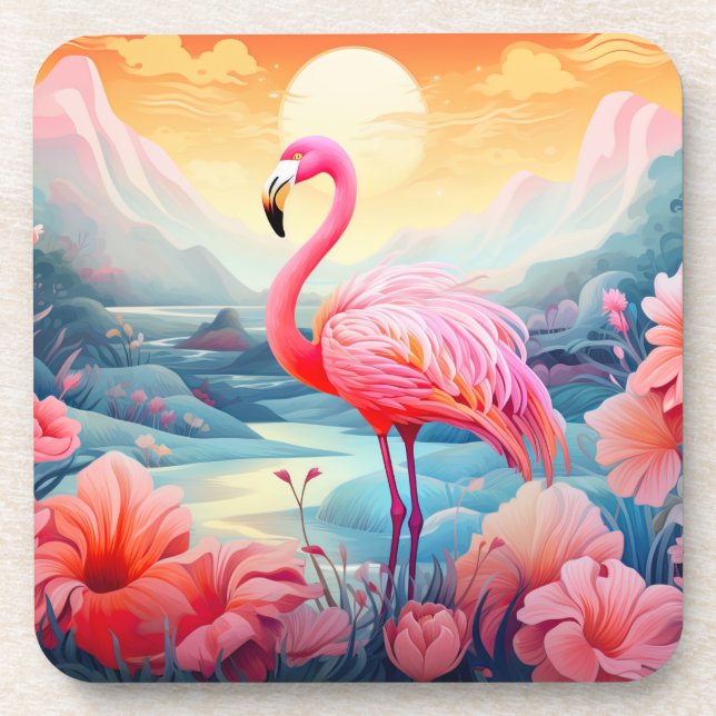 Tropical Flamingo with Flowers Coaster (Front)