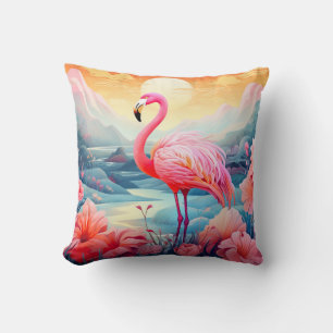 Tropical Flamingo with Flowers Cushion