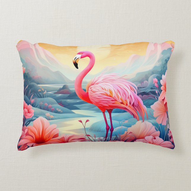 Tropical Flamingo with Flowers Decorative Cushion (Front)