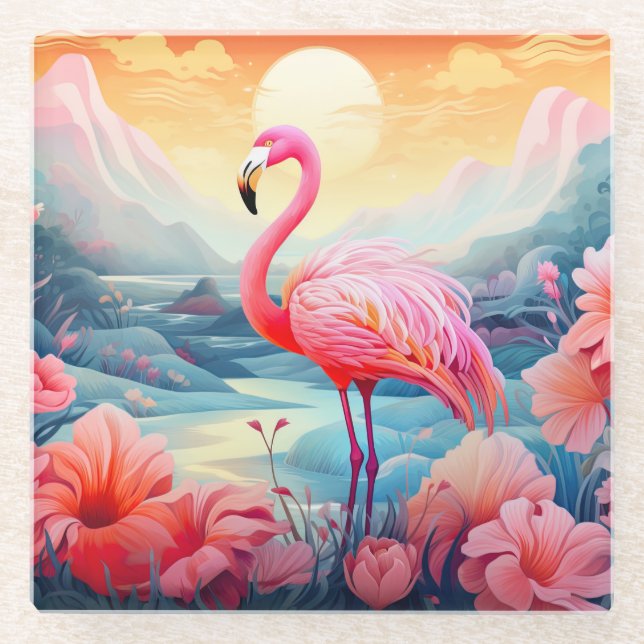 Tropical Flamingo with Flowers Glass Coaster (Front)