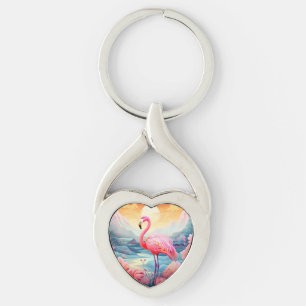 Tropical Flamingo with Flowers Key Ring