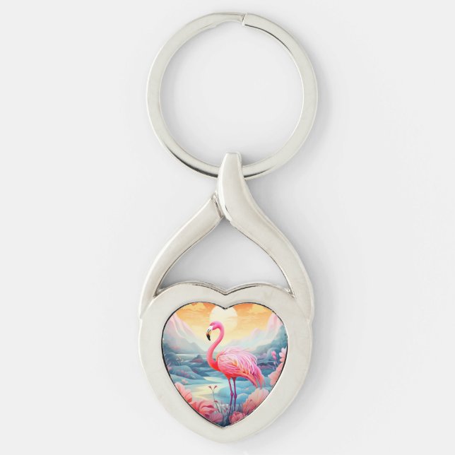 Tropical Flamingo with Flowers Key Ring (Front)