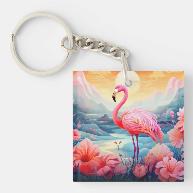 Tropical Flamingo with Flowers Key Ring (Front)