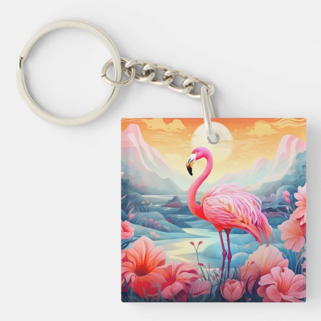 Tropical Flamingo with Flowers Key Ring (Front)