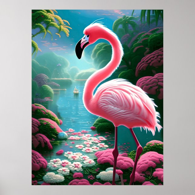 Tropical Flamingo with Flowers Poster (Front)