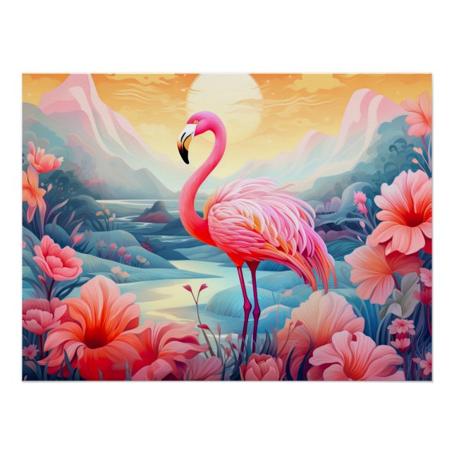 Tropical Flamingo with Flowers Poster (Front)