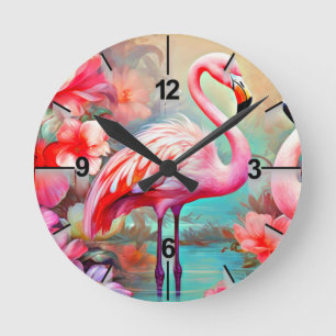 Tropical Flamingo with Flowers Round Clock