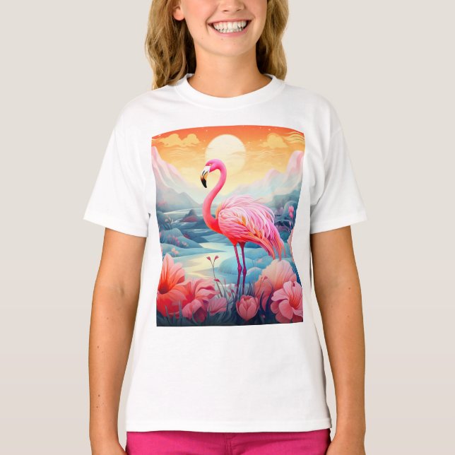 Tropical Flamingo with Flowers T-Shirt (Front)