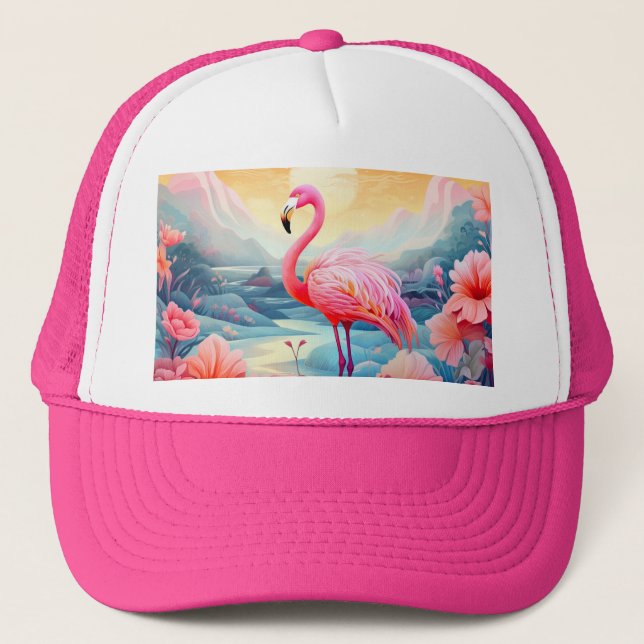 Tropical Flamingo with Flowers Trucker Hat (Front)