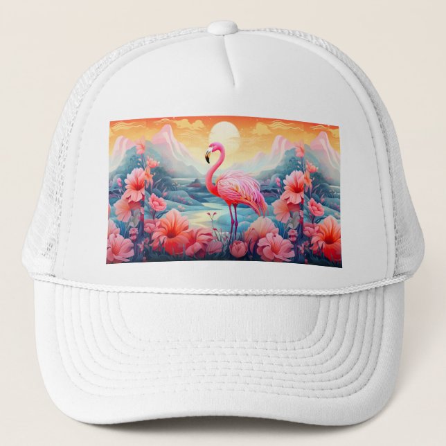 Tropical Flamingo with Flowers Trucker Hat (Front)