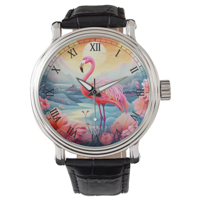 Tropical Flamingo with Flowers Watch (Front)