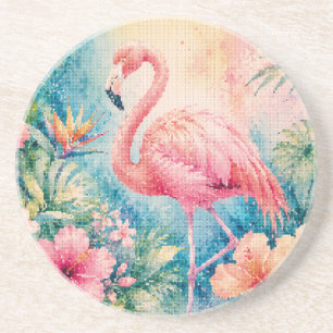 Tropical Flamingo with Hibiscus Flowers Coaster
