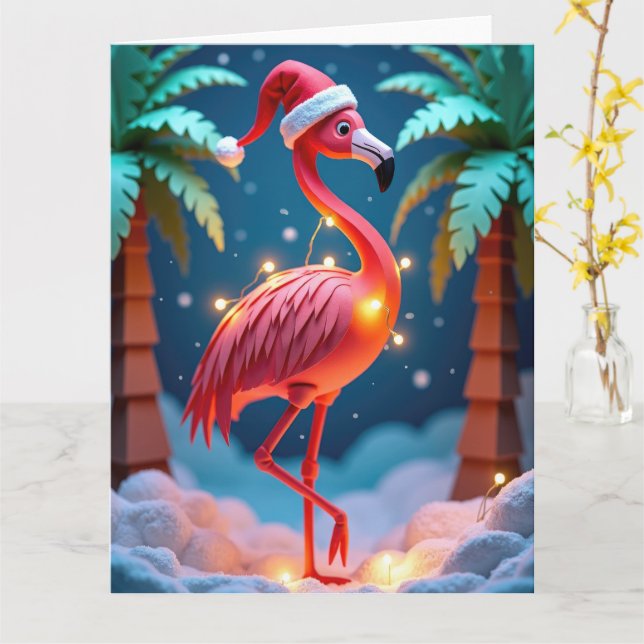 Tropical Flamingo with Lights in Snowy Christmas Card (Yellow Flower)