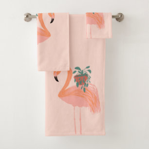 Tropical Flamingo with Potted Plant Hand Drawn    Bath Towel Set