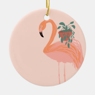 Tropical Flamingo with Potted Plant Hand Drawn   Ceramic Ornament