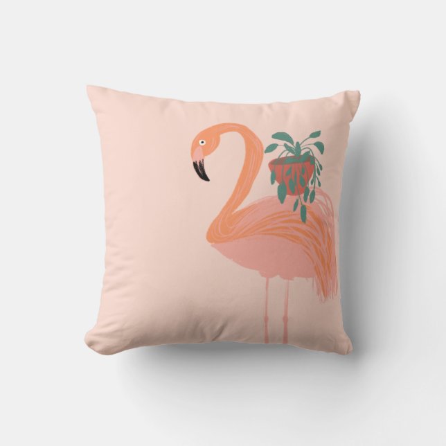 Tropical Flamingo with Potted Plant Hand Drawn  Cushion (Front)