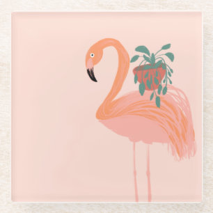 Tropical Flamingo with Potted Plant Hand Drawn Glass Coaster