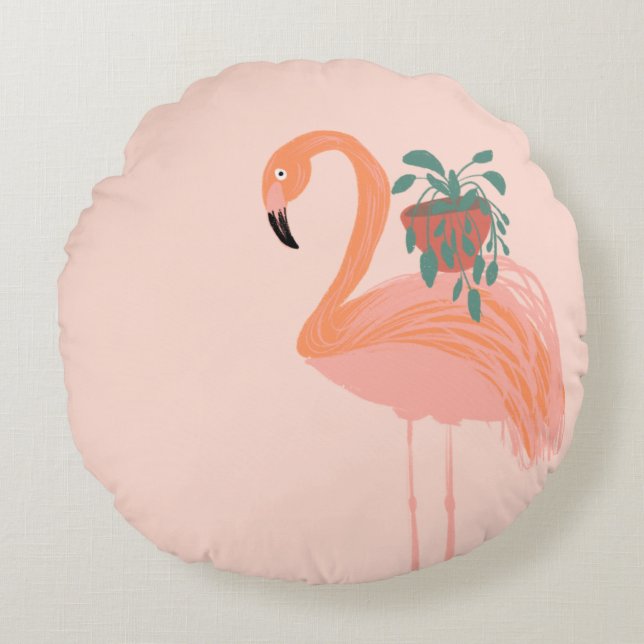 Tropical Flamingo with Potted Plant Hand Drawn    Round Cushion (Front)