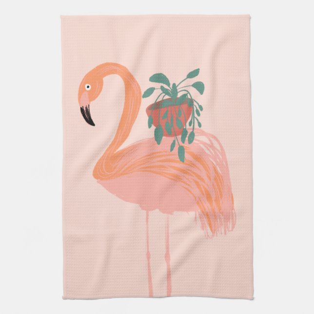 Tropical Flamingo with Potted Plant Hand Drawn    Tea Towel (Vertical)
