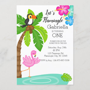 Tropical Flamingo With Toucan First Birthday Invitation