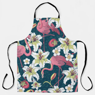 Tropical Flamingoes and Lilies Seamless Pattern Apron