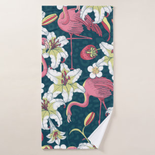 Tropical Flamingoes and Lilies Seamless Pattern Bath Towel