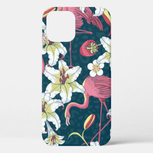 Tropical Flamingoes and Lilies Seamless Pattern iPhone 12 Case