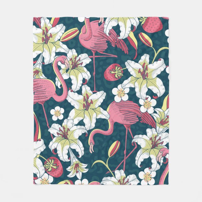 Tropical Flamingoes and Lilies Seamless Pattern Fleece Blanket (Front)