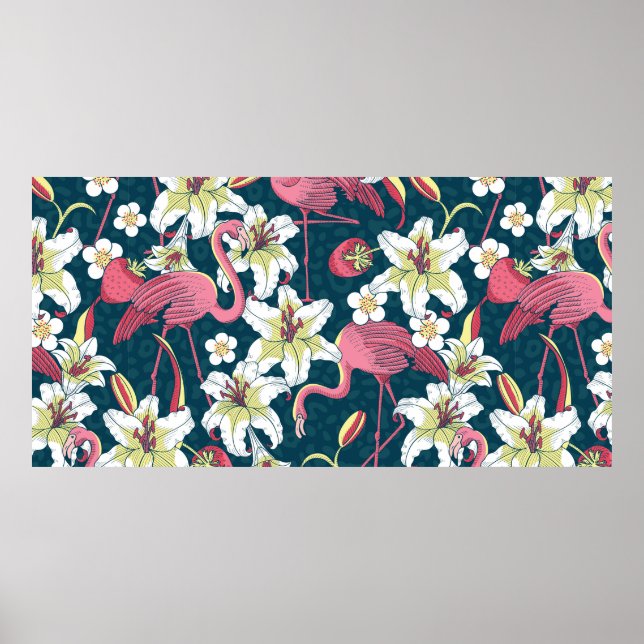 Tropical Flamingoes and Lilies Seamless Pattern Poster (Front)