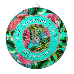 Tropical Flamingoes Family Name Beach House Dartboard