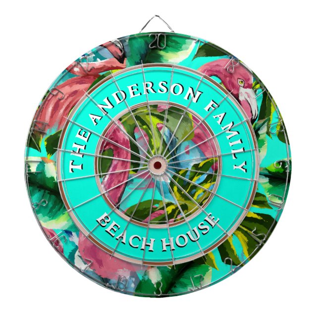 Tropical Flamingoes Family Name Beach House Dartboard (Front)