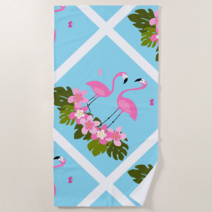 Tropical Flamingos and Floral Illustration Beach Towel