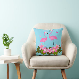 Tropical Flamingos and Floral Illustration Cushion