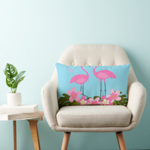 Tropical Flamingos and Floral Illustration Lumbar Cushion