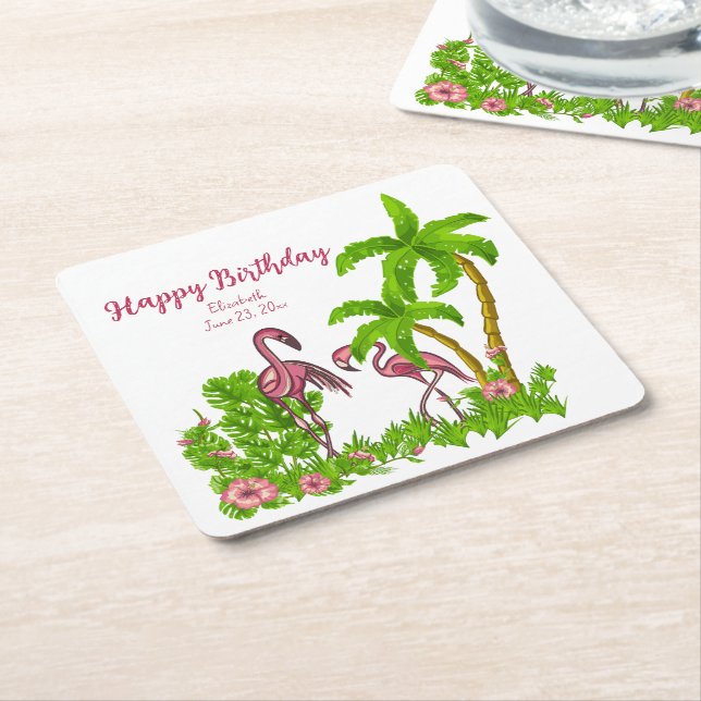 Tropical Flamingos and Flowers Paper Coaster (Angled)
