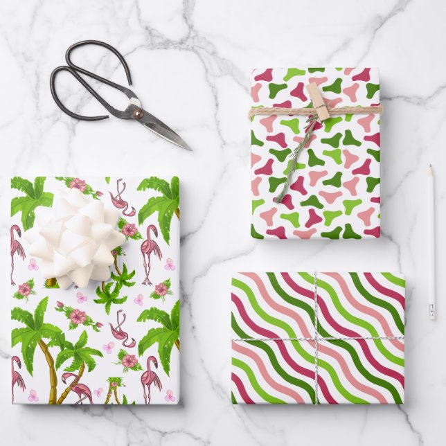 Tropical Flamingos and Flowers Wrapping Paper Sheet (Front)