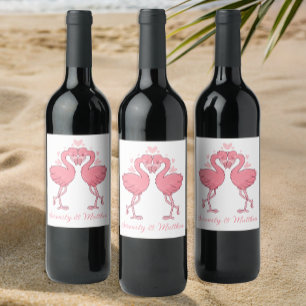 Tropical Flamingos Beach Cute Pink Summer Wedding Wine Label