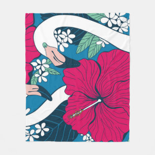 Tropical Flamingos: Hibiscus Plumeria Background. Fleece Blanket