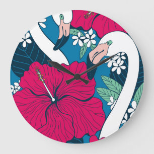 Tropical Flamingos: Hibiscus Plumeria Background. Large Clock