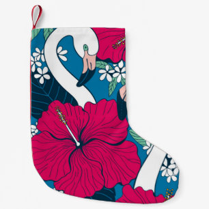 Tropical Flamingos: Hibiscus Plumeria Background. Small Christmas Stocking