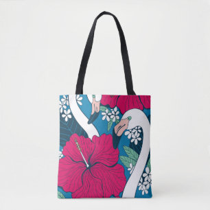 Tropical Flamingos: Hibiscus Plumeria Background. Tote Bag