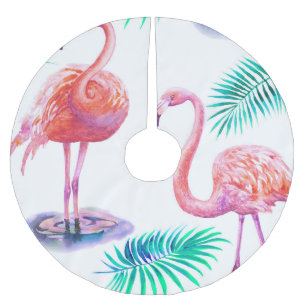 Tropical Flamingos: Orchids Watercolor Seamless. Brushed Polyester Tree Skirt