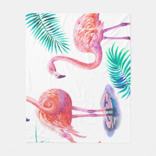 Tropical Flamingos: Orchids Watercolor Seamless. Fleece Blanket
