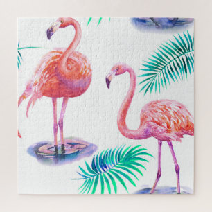 Tropical Flamingos: Orchids Watercolor Seamless. Jigsaw Puzzle