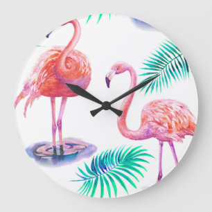 Tropical Flamingos: Orchids Watercolor Seamless. Large Clock